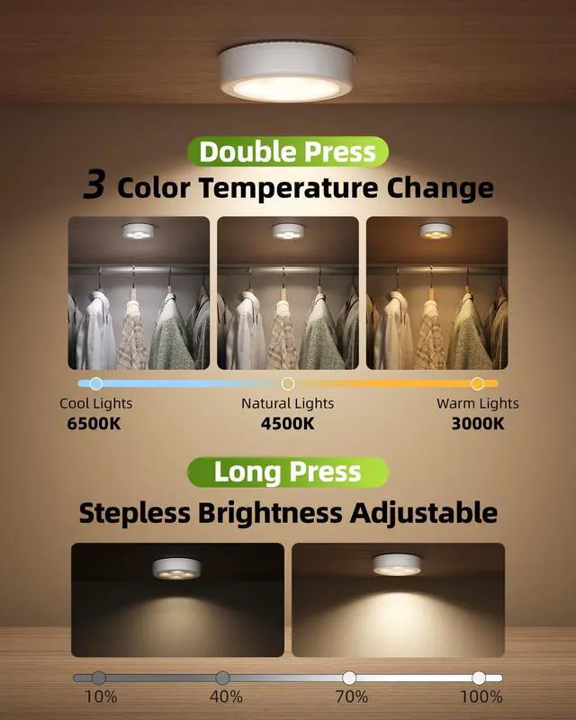 Alt view image 7 of 7 - LED Puck Lights, Rechargeable Battery Touch Light, 2.5'' Mini Tap Lights, Wireless Closet Light, Under Cabinet Lighting, 3 Color Temps, Stick On Lights Kitchen,Closet,Pantry(2 Pack)
