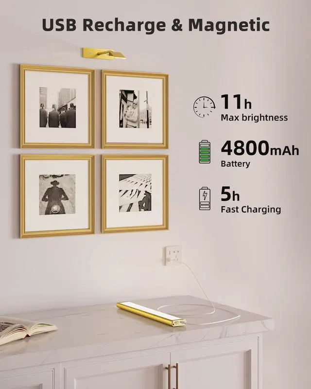 Alt view image 3 of 7 - Picture Light for Wall, 4800mAh Rechargeable Wireless Remote, 16in Dimmable Magnetic LED Art Display Light with 3 Color Temperatures, for Gallery, Living Room, Bedroom, Hallway (Gold)