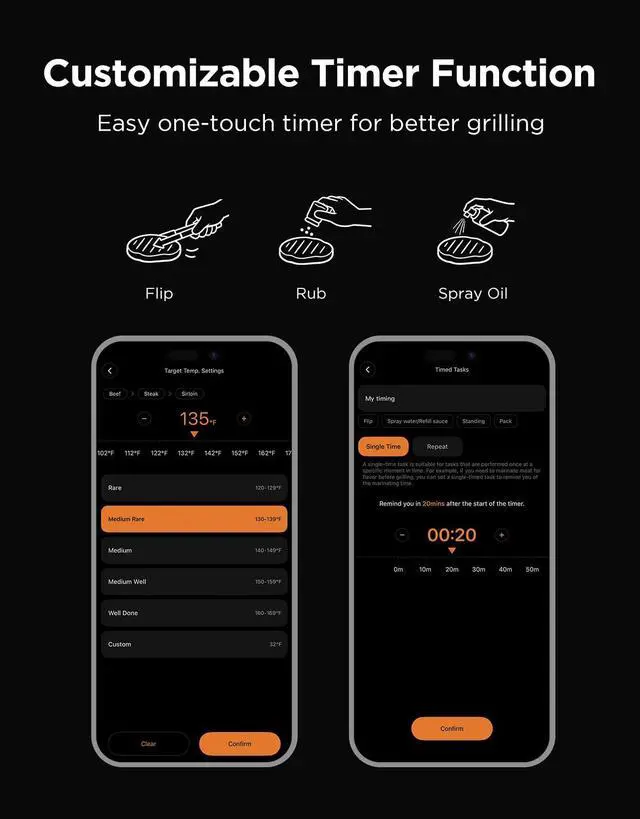Alt view image 6 of 7 - Bluetooth Meat Thermometer, Wireless Meat Thermometer for Smoker Oven, Digital Grill Thermometer with 2 Probes, Timer Mode, Smart LCD Backlight BBQ Thermometer for Cooking Turkey Fish Beef