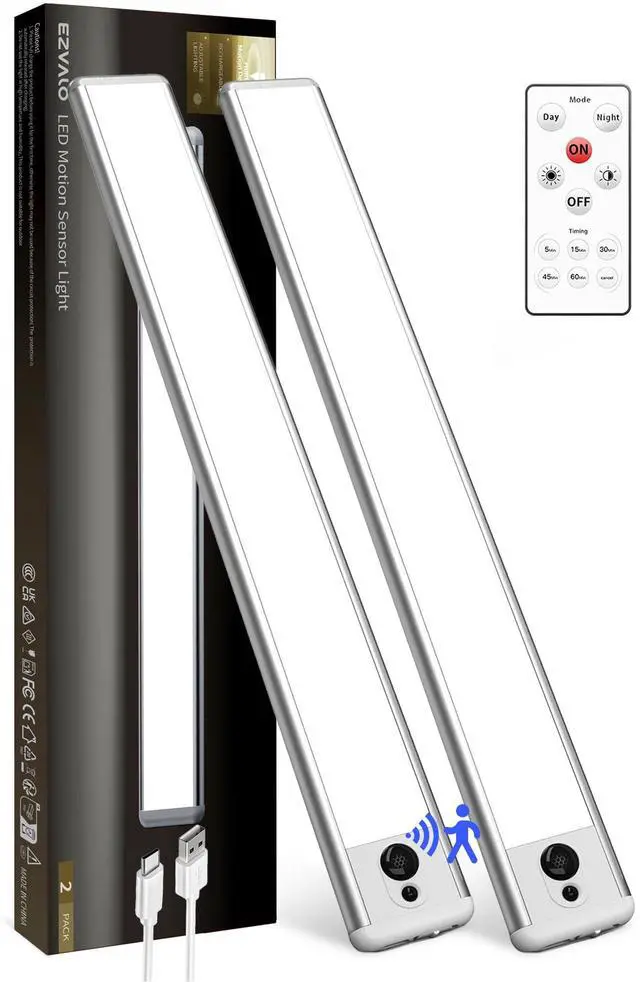 Main image of 2 Pack Under Cabinet Lights, 14.5'' Magnetic Motion Sensor Light, 4000mAh Large Capacity Rechargeable Closet Light, Remote Control Dimmable 5700K Cool White for Kitchen, Stairs, Hallway