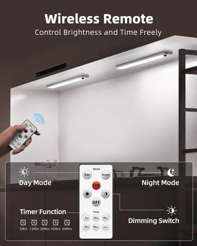 Alt view image 7 of 7 - 2 Pack Under Cabinet Lights, 14.5'' Magnetic Motion Sensor Light, 4000mAh Large Capacity Rechargeable Closet Light, Remote Control Dimmable 5700K Cool White for Kitchen, Stairs, Hallway