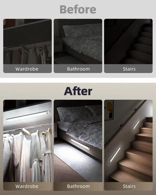 Alt view image 6 of 7 - 2 Pack Under Cabinet Lights, 14.5'' Magnetic Motion Sensor Light, 4000mAh Large Capacity Rechargeable Closet Light, Remote Control Dimmable 5700K Cool White for Kitchen, Stairs, Hallway
