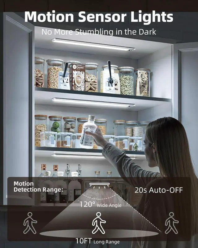 Alt view image 2 of 7 - 2 Pack Under Cabinet Lights, 14.5'' Magnetic Motion Sensor Light, 4000mAh Large Capacity Rechargeable Closet Light, Remote Control Dimmable 5700K Cool White for Kitchen, Stairs, Hallway
