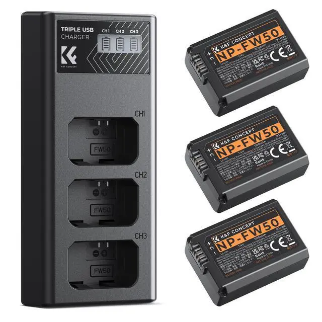 Main image of 3-Pack NP-FW50 Battery and Upgraded 3-Slot ZV-E10 Battery Charger Compatible with Sony Alpha A6400 A6000 A6300 A6500 A5000 A5100 A7 A7II A7R A7RII A7S A7SII RX10 II III IV Cameras