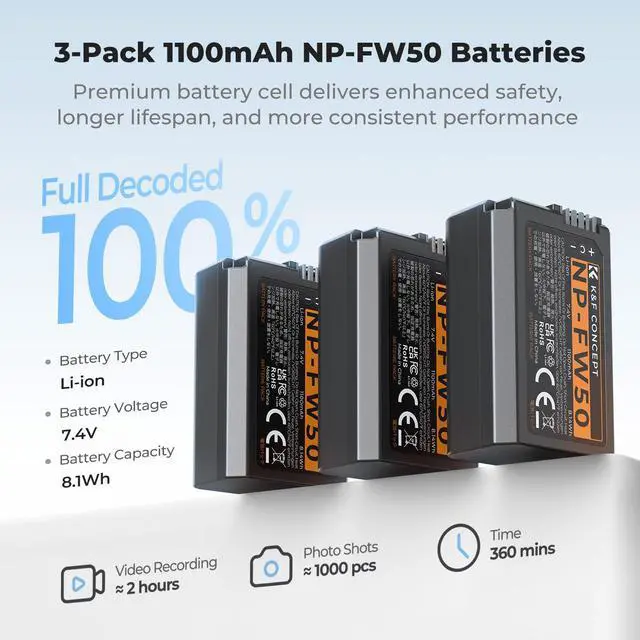 Alt view image 2 of 7 - 3-Pack NP-FW50 Battery and Upgraded 3-Slot ZV-E10 Battery Charger Compatible with Sony Alpha A6400 A6000 A6300 A6500 A5000 A5100 A7 A7II A7R A7RII A7S A7SII RX10 II III IV Cameras