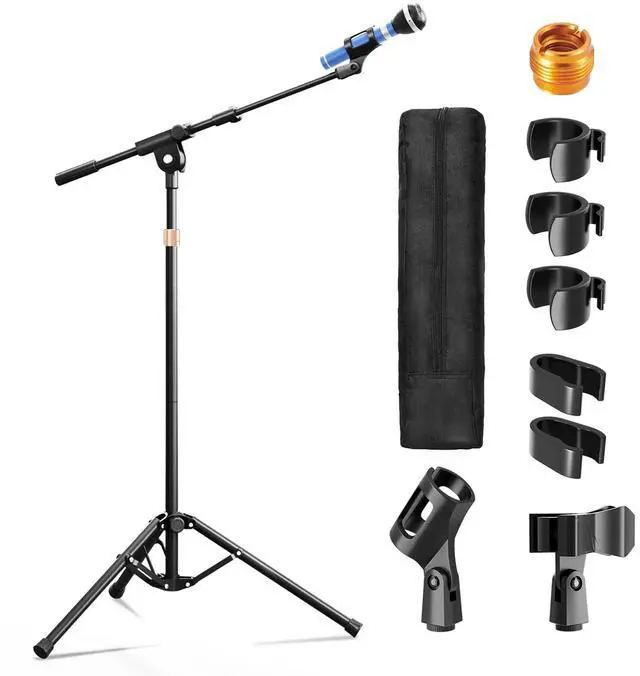 Main image of Mic Stand with Boom Arm, Heavy Duty Tripod Microphone Stand Floor Holder Height Adjustable with Carrying Bag and 2 Mics Clips for Singing Performance, Home Studio Recording, Podcast and Stage