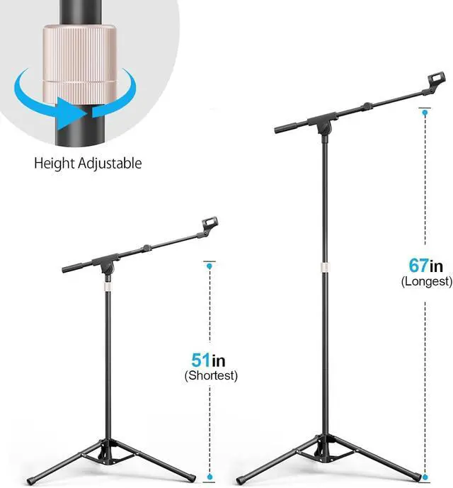 Alt view image 3 of 7 - Mic Stand with Boom Arm, Heavy Duty Tripod Microphone Stand Floor Holder Height Adjustable with Carrying Bag and 2 Mics Clips for Singing Performance, Home Studio Recording, Podcast and Stage