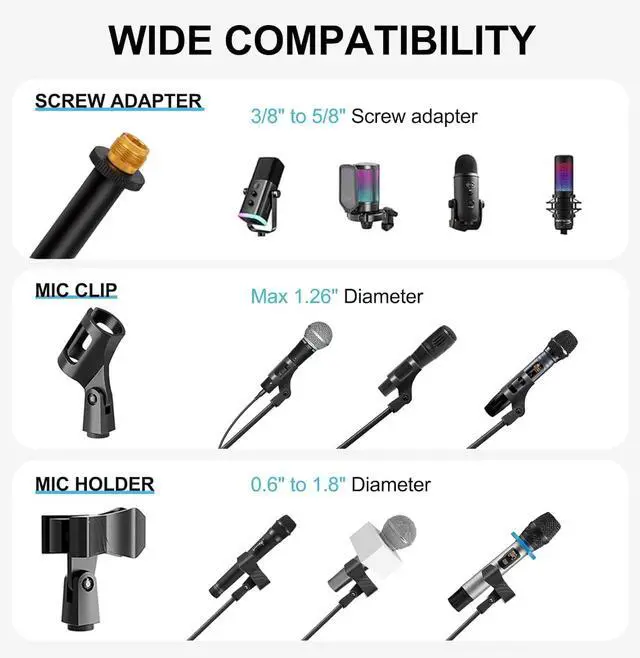 Alt view image 5 of 7 - Mic Stand with Boom Arm, Heavy Duty Tripod Microphone Stand Floor Holder Height Adjustable with Carrying Bag and 2 Mics Clips for Singing Performance, Home Studio Recording, Podcast and Stage