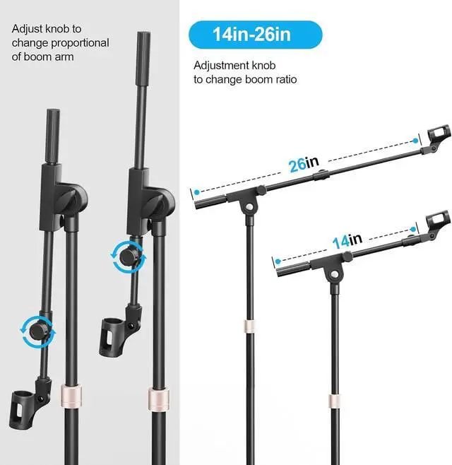 Alt view image 4 of 7 - Mic Stand with Boom Arm, Heavy Duty Tripod Microphone Stand Floor Holder Height Adjustable with Carrying Bag and 2 Mics Clips for Singing Performance, Home Studio Recording, Podcast and Stage