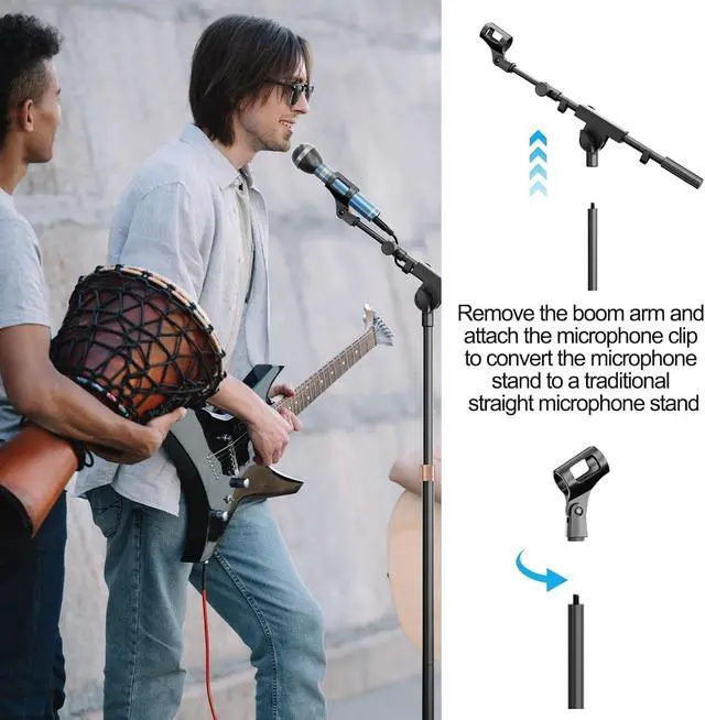 Alt view image 6 of 7 - Mic Stand with Boom Arm, Heavy Duty Tripod Microphone Stand Floor Holder Height Adjustable with Carrying Bag and 2 Mics Clips for Singing Performance, Home Studio Recording, Podcast and Stage