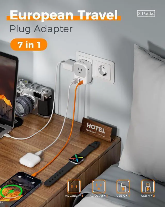 Alt view image 3 of 7 - 2 Pack European Travel Plug Adapter, Europe Power Converter 4 Outlets 3 USB(1 USB C PD 20W), Type C International Adaptor to Italy Spain France Portugal Iceland Germany, EU Travel Essentials