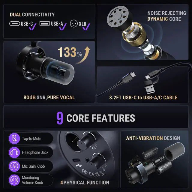 Alt view image 3 of 7 - Dynamic Microphone, XLR/USB Podcast Recording PC Microphone for Vocal Voice-Over Streaming, Studio Metal Mic with Mute, Headphone Jack, Monitoring Volume Control, Windscreen-Amplitank K688
