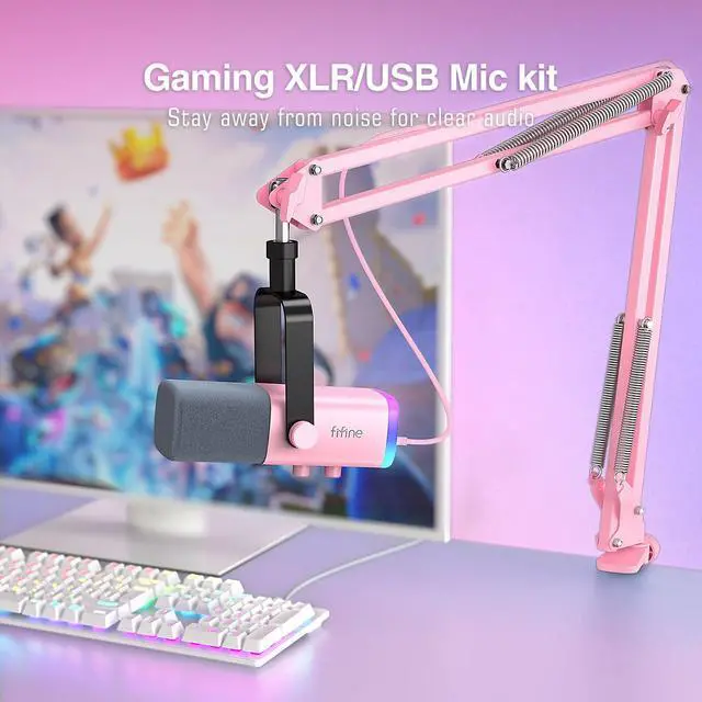 Alt view image 2 of 7 - XLR Gaming Microphone USB, PC Dynamic Microphone Kit for Vocal, Recording, Podcast, Streaming RGB Mic with Headphone Jack, Mute Button, Boom Arm Stand for Computer/Mixer-AmpliGame AM8T Pink