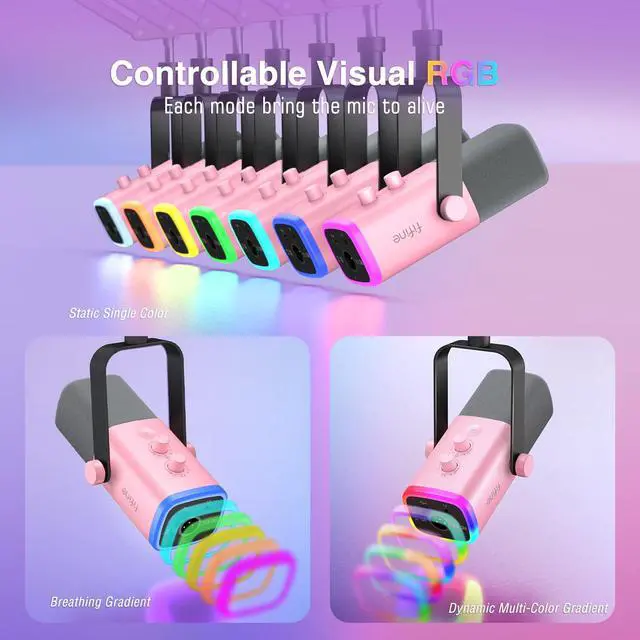 Alt view image 5 of 7 - XLR Gaming Microphone USB, PC Dynamic Microphone Kit for Vocal, Recording, Podcast, Streaming RGB Mic with Headphone Jack, Mute Button, Boom Arm Stand for Computer/Mixer-AmpliGame AM8T Pink