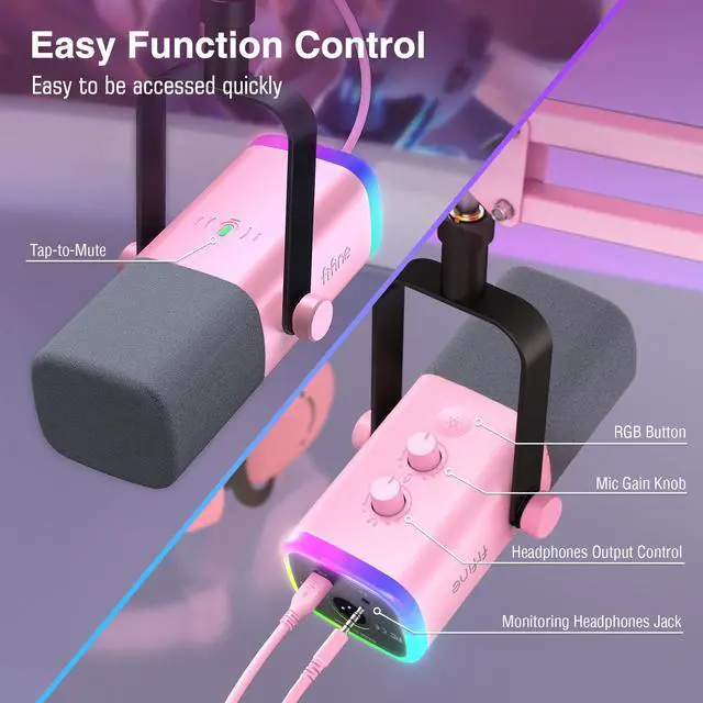 Alt view image 6 of 7 - XLR Gaming Microphone USB, PC Dynamic Microphone Kit for Vocal, Recording, Podcast, Streaming RGB Mic with Headphone Jack, Mute Button, Boom Arm Stand for Computer/Mixer-AmpliGame AM8T Pink