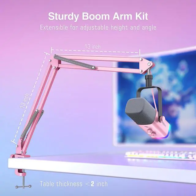 Alt view image 7 of 7 - XLR Gaming Microphone USB, PC Dynamic Microphone Kit for Vocal, Recording, Podcast, Streaming RGB Mic with Headphone Jack, Mute Button, Boom Arm Stand for Computer/Mixer-AmpliGame AM8T Pink