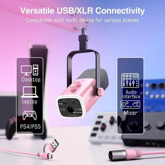 Alt view image 3 of 7 - XLR Gaming Microphone USB, PC Dynamic Microphone Kit for Vocal, Recording, Podcast, Streaming RGB Mic with Headphone Jack, Mute Button, Boom Arm Stand for Computer/Mixer-AmpliGame AM8T Pink