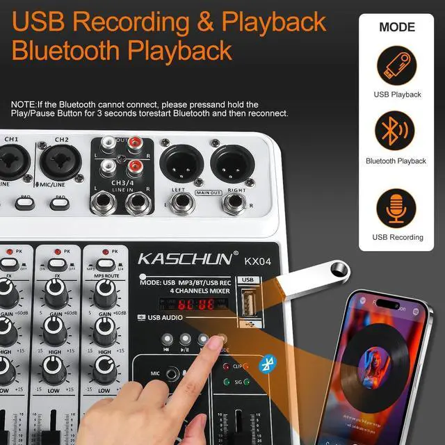 Alt view image 3 of 7 - Professional 4-Channel DJ Audio Mixer, Bluetooth Sound Board with USB MP3 Input & 48V Phantom Power for Karaoke, Podcasting, Live Streaming & Home Recording, Fathers Day Dad Gifts for Husband Men
