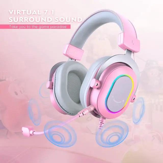 Alt view image 2 of 7 - PC Gaming Headset, USB Wired Headset with Microphone, 7.1 Surround Sound, in-Line Control, Computer RGB Over-Ear Headphones for PS4/PS5, for Streaming/Game Voice/Video-AmpliGame H6 (Pink)