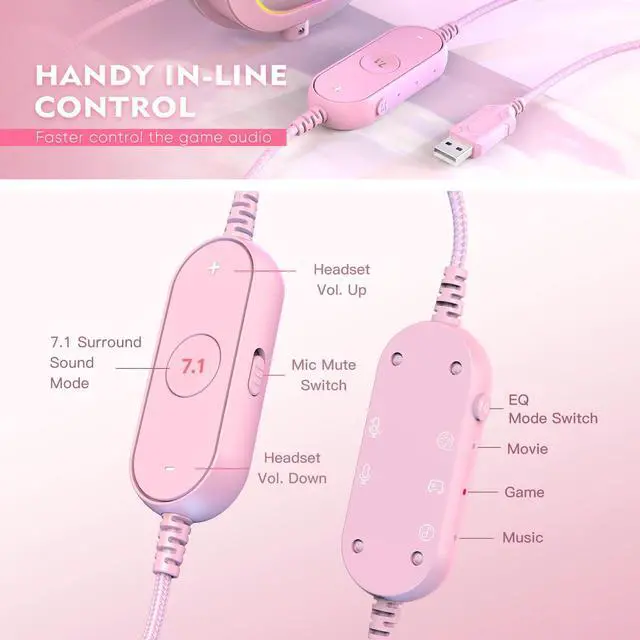 Alt view image 3 of 7 - PC Gaming Headset, USB Wired Headset with Microphone, 7.1 Surround Sound, in-Line Control, Computer RGB Over-Ear Headphones for PS4/PS5, for Streaming/Game Voice/Video-AmpliGame H6 (Pink)