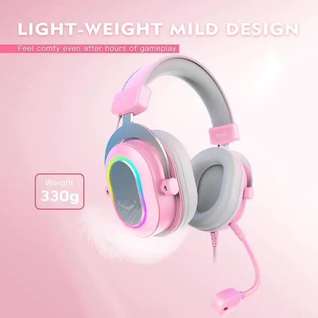 Alt view image 4 of 7 - PC Gaming Headset, USB Wired Headset with Microphone, 7.1 Surround Sound, in-Line Control, Computer RGB Over-Ear Headphones for PS4/PS5, for Streaming/Game Voice/Video-AmpliGame H6 (Pink)