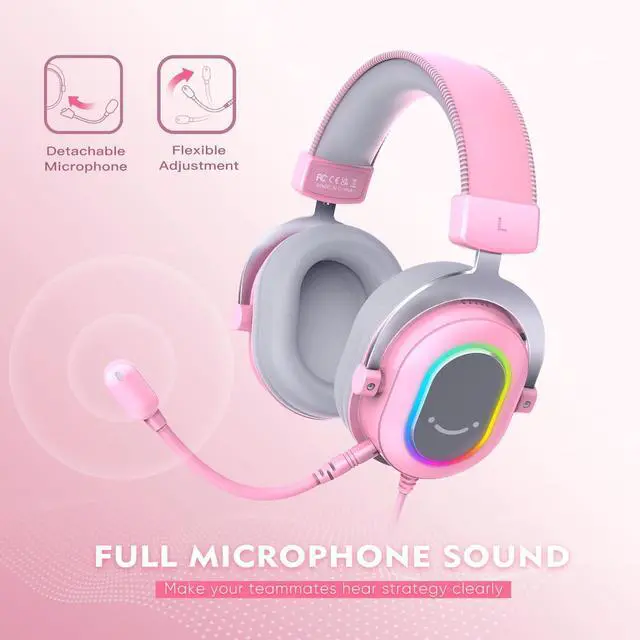 Alt view image 5 of 7 - PC Gaming Headset, USB Wired Headset with Microphone, 7.1 Surround Sound, in-Line Control, Computer RGB Over-Ear Headphones for PS4/PS5, for Streaming/Game Voice/Video-AmpliGame H6 (Pink)