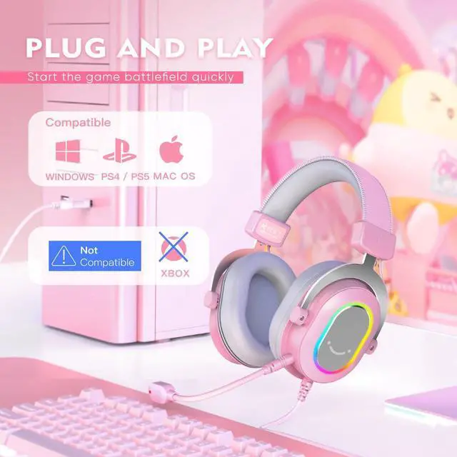 Alt view image 6 of 7 - PC Gaming Headset, USB Wired Headset with Microphone, 7.1 Surround Sound, in-Line Control, Computer RGB Over-Ear Headphones for PS4/PS5, for Streaming/Game Voice/Video-AmpliGame H6 (Pink)