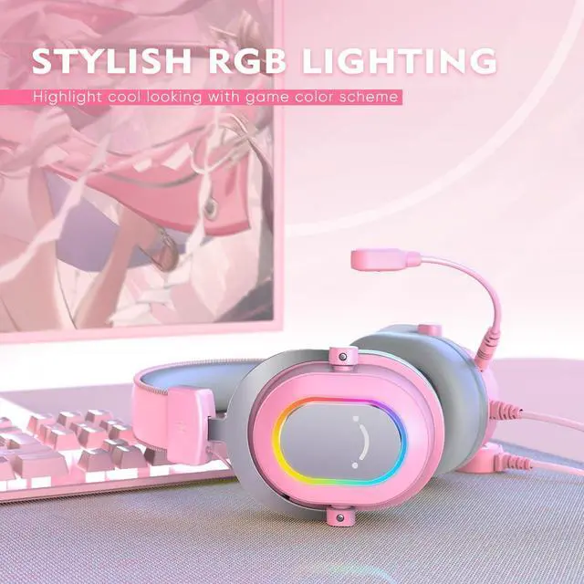Alt view image 7 of 7 - PC Gaming Headset, USB Wired Headset with Microphone, 7.1 Surround Sound, in-Line Control, Computer RGB Over-Ear Headphones for PS4/PS5, for Streaming/Game Voice/Video-AmpliGame H6 (Pink)