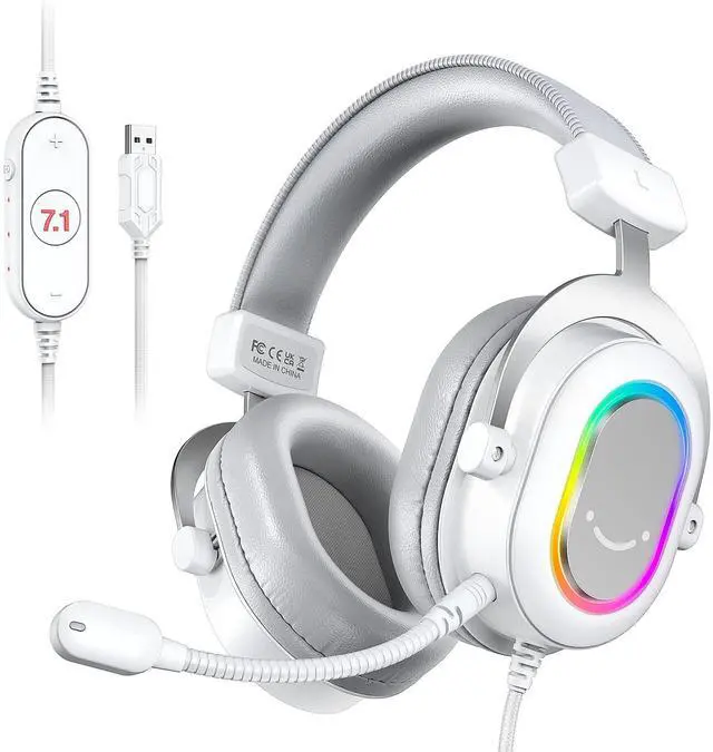 Main image of USB Gaming Headset, PC Headphones Wired with Microphone for Computer/Laptop, Over-Ear RGB Headset with 7.1 Surround Sound, Noise Cancellation for Streaming Video Game- AmpliGame H6 (White)