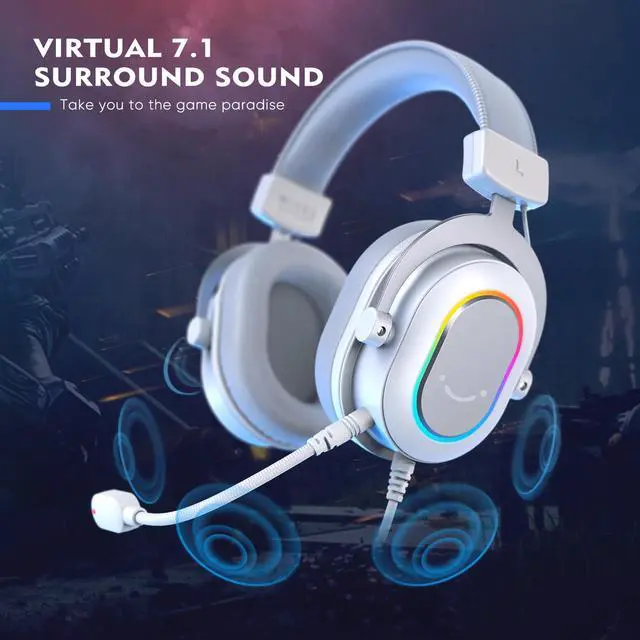 Alt view image 2 of 7 - USB Gaming Headset, PC Headphones Wired with Microphone for Computer/Laptop, Over-Ear RGB Headset with 7.1 Surround Sound, Noise Cancellation for Streaming Video Game- AmpliGame H6 (White)