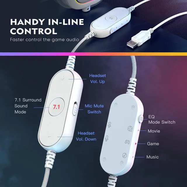 Alt view image 3 of 7 - USB Gaming Headset, PC Headphones Wired with Microphone for Computer/Laptop, Over-Ear RGB Headset with 7.1 Surround Sound, Noise Cancellation for Streaming Video Game- AmpliGame H6 (White)