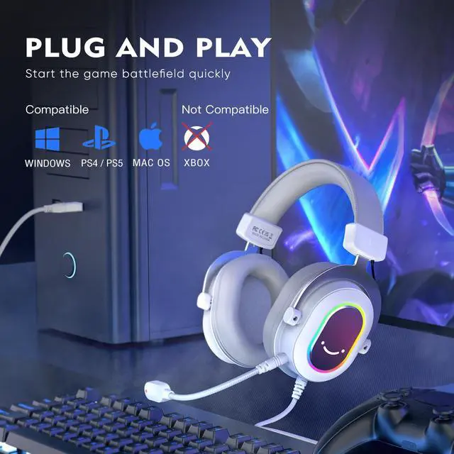 Alt view image 6 of 7 - USB Gaming Headset, PC Headphones Wired with Microphone for Computer/Laptop, Over-Ear RGB Headset with 7.1 Surround Sound, Noise Cancellation for Streaming Video Game- AmpliGame H6 (White)