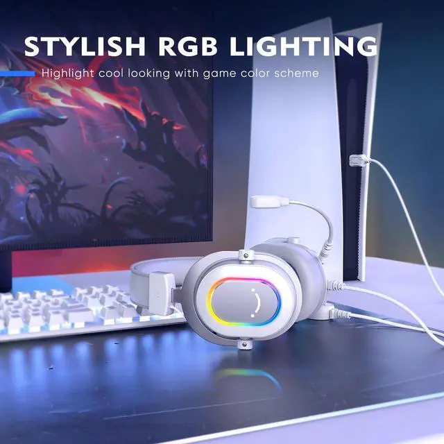 Alt view image 7 of 7 - USB Gaming Headset, PC Headphones Wired with Microphone for Computer/Laptop, Over-Ear RGB Headset with 7.1 Surround Sound, Noise Cancellation for Streaming Video Game- AmpliGame H6 (White)