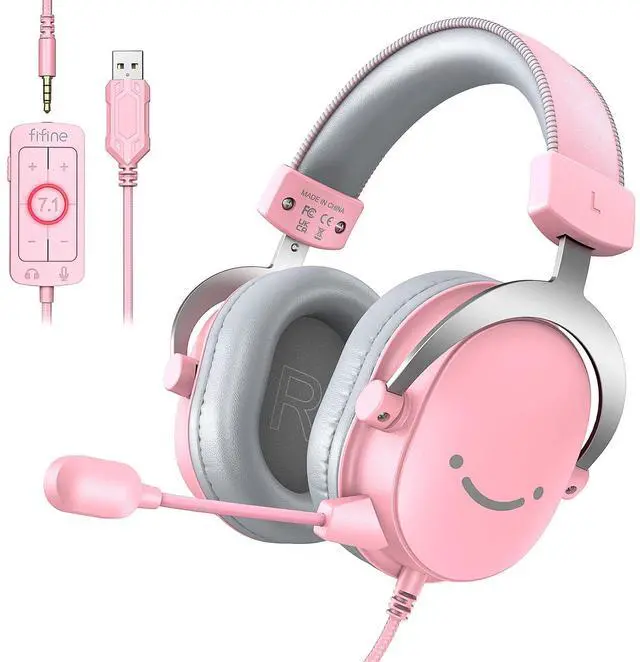 Main image of USB Gaming Headset, PC Over-Ear Wired Streaming Headset with 3.5mm Jack, Detachable Microphone, 7.1 Surround Sound, Control Box, Passive Noise Cancellation, for PS5/Xbox/Switch-H9 Pink