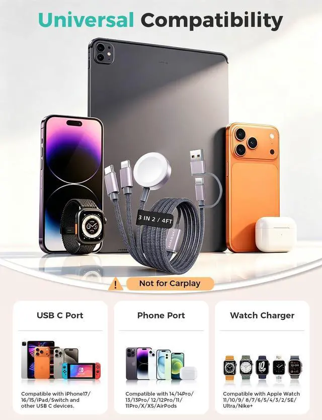 Alt view image 3 of 7 - 2026 Travel Essentials for Apple Watch Charger,Cruise Vacation Camping Essentials,iPhone Charger,Multi Charging Cable,3 in 2 Charging Docks for iWatch Series 11-2/Ultra,iPhone 17-12,Car