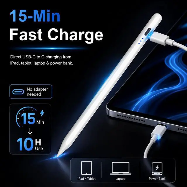 Alt view image 2 of 6 - Stylus Pen for iPad 2018-2026, 15Min Fast Charge iPad Pencil with High Precision, Tilt Sensitivity, Palm Rejection, Magnetic for Note-Taking Drawing on Apple iPad 6-11/Air/Pro/Mini - No Pairing