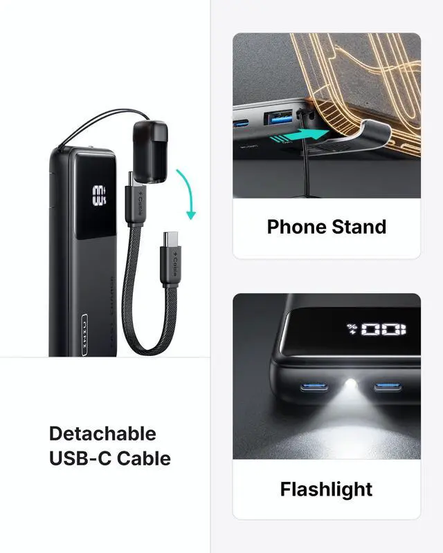 Alt view image 4 of 7 - Ultra Compact Portable Charger, 10000mAh 45W Fast Charging Power Bank with Detachable USB-C Cable & Stand, Flight-Safe Travel Battery Pack for iPhone 17 16 15 Pro Max Air, Samsung S26, iPad, etc
