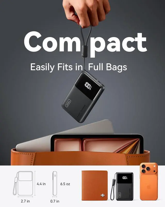 Alt view image 2 of 7 - Ultra Compact Portable Charger, 10000mAh 45W Fast Charging Power Bank with Detachable USB-C Cable & Stand, Flight-Safe Travel Battery Pack for iPhone 17 16 15 Pro Max Air, Samsung S26, iPad, etc