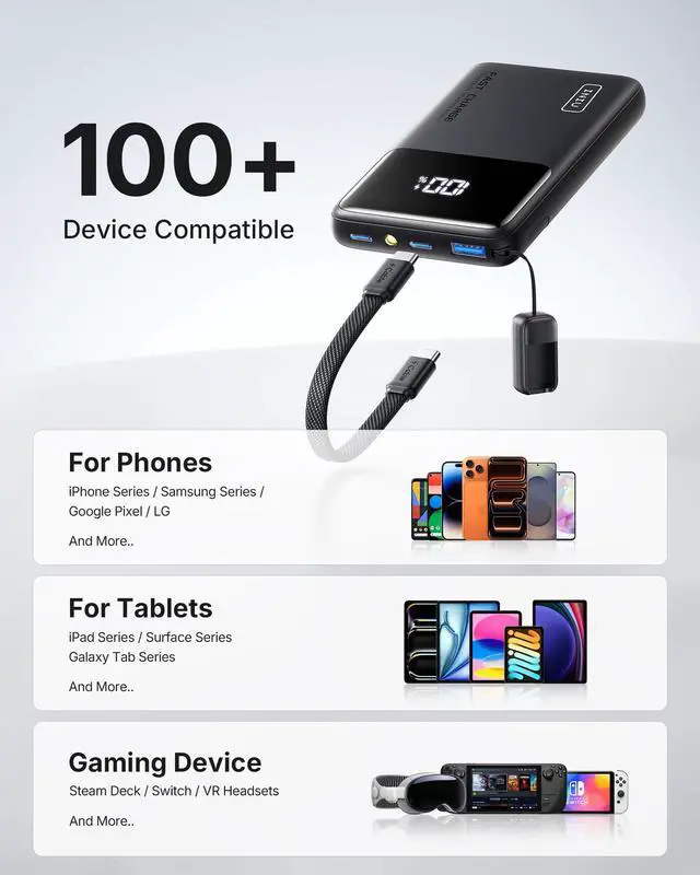 Alt view image 6 of 7 - Ultra Compact Portable Charger, 10000mAh 45W Fast Charging Power Bank with Detachable USB-C Cable & Stand, Flight-Safe Travel Battery Pack for iPhone 17 16 15 Pro Max Air, Samsung S26, iPad, etc