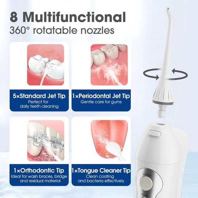 Alt view image 5 of 7 - Water Flossers for Teeth Cordless Rechargeable Dental Oral Irrigator Water Jet for Teeth Braces Care with 8 Jet Tips for Travel and Home Use (White)