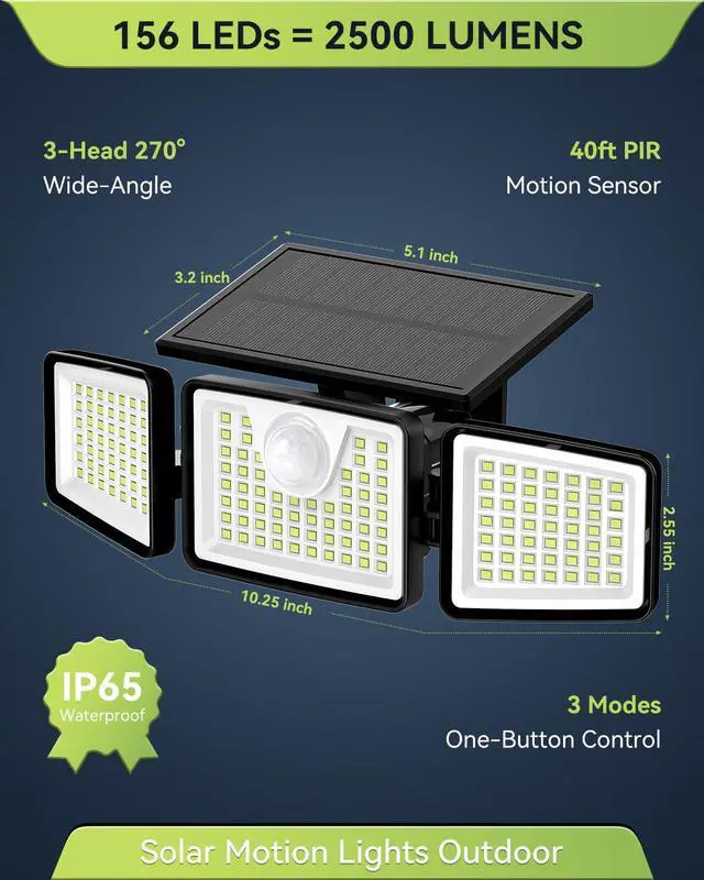 Alt view image 2 of 7 - 2500LM Solar Lights Outdoor with Motion Sensor,3 Head 270° Wide Angle Street Area Lights, IP65 Waterproof Security Lighting with 3 Modes(Non-Remote,2 Pcs)