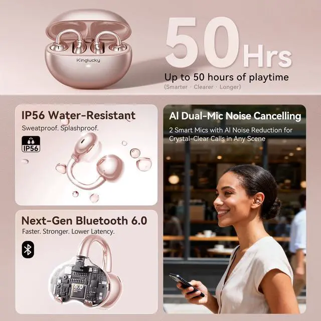 Alt view image 6 of 7 - Upgraded Clip-On Earbuds Bluetooth 6.0 Wireless Headphones Open Ear Buds Comfortable Fit & Crystal-Clear Sound, 50H Playtime for Women & Kids Ideal for Small Ears, Sports, Glasses Rose Gold