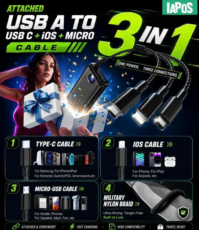 Alt view image 4 of 7 - Portable Charger Power Bank - 60,000mAh Battery Pack, 22.5W Fast Charging Phone Charger Attached USB-C/iOS/Micro-USB Cable, Powerbank for iPhone 17 16 15 14 13 Samsung, for Travel Camping Essentials