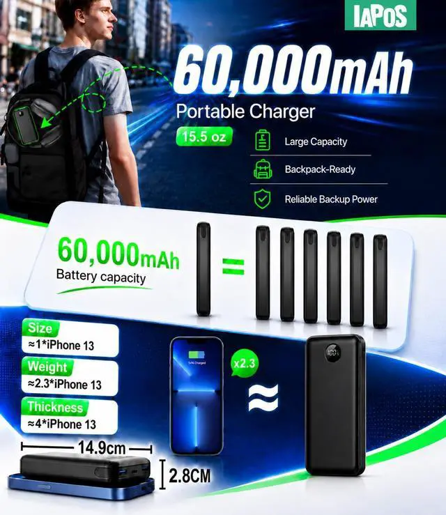 Alt view image 7 of 7 - Portable Charger Power Bank - 60,000mAh Battery Pack, 22.5W Fast Charging Phone Charger Attached USB-C/iOS/Micro-USB Cable, Powerbank for iPhone 17 16 15 14 13 Samsung, for Travel Camping Essentials