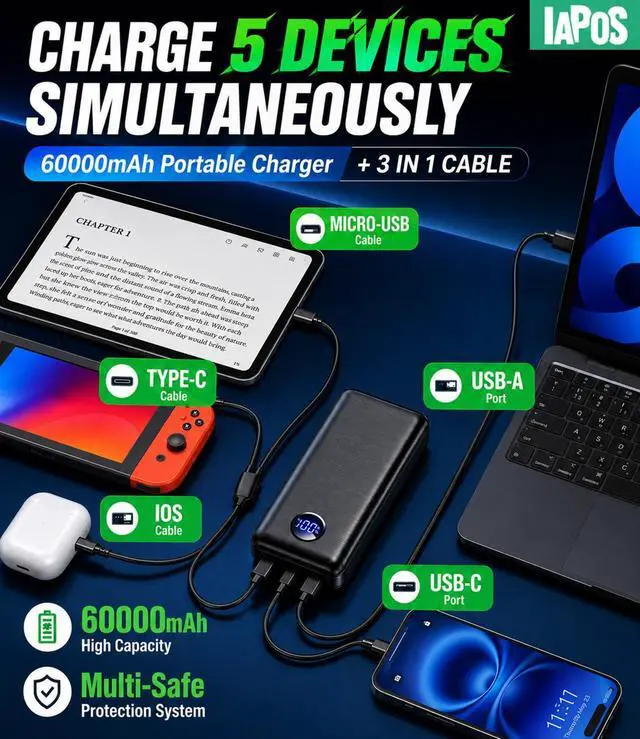 Alt view image 5 of 7 - Portable Charger Power Bank - 60,000mAh Battery Pack, 22.5W Fast Charging Phone Charger Attached USB-C/iOS/Micro-USB Cable, Powerbank for iPhone 17 16 15 14 13 Samsung, for Travel Camping Essentials