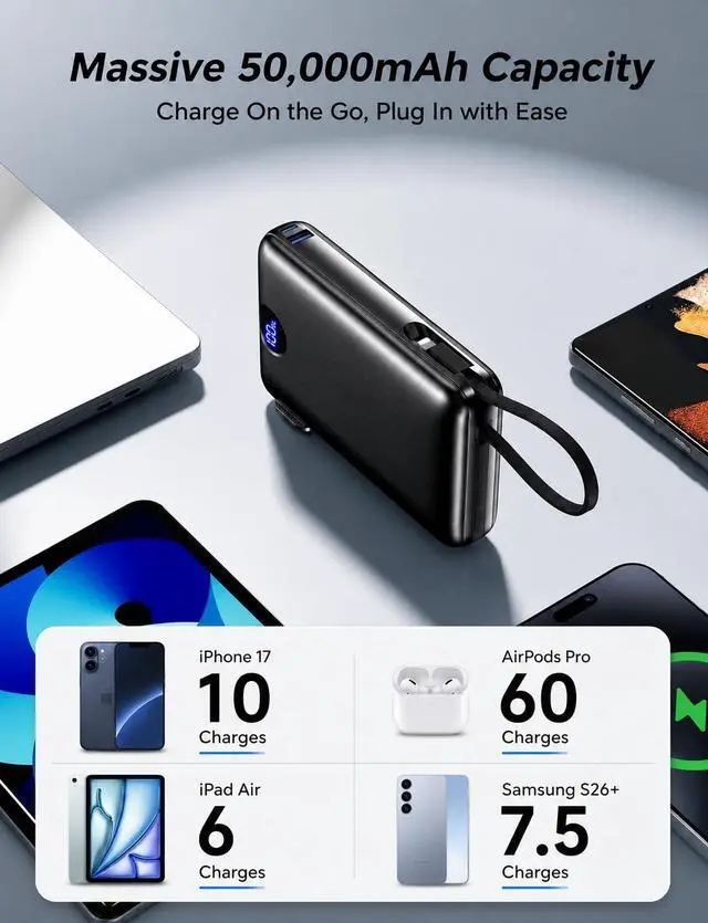 Alt view image 2 of 7 - Portable Charger 50000mAh with Built-in Cables and AC Wall Plug, 22.5W Fast Charging Power Bank with LED Display for iPhone 17/16, Samsung, Android Devices, Camping, Road Trips and Travel, Black