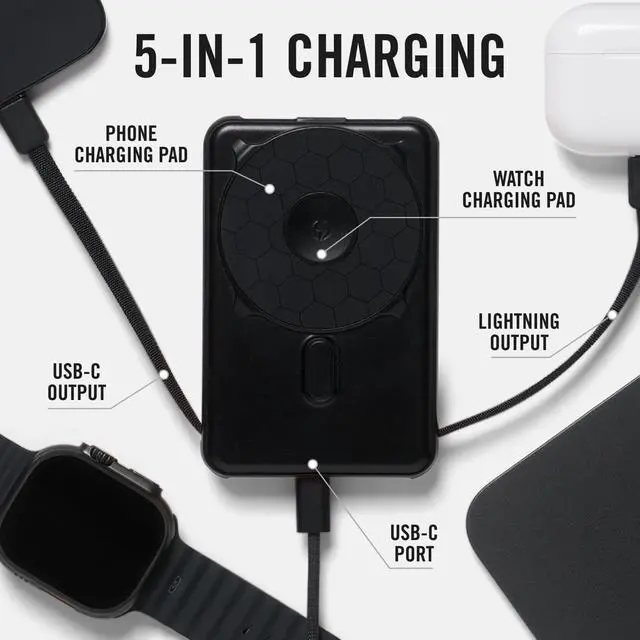 Alt view image 3 of 7 - Ridge Magnetic Power Bank Battery Pack 10,000mAh - Fast Charging, Compatible with MagSafe - Portable Charger Powerbank - with Built in Cables, Wireless Charging & Magnetic Attachment (Matte Black)