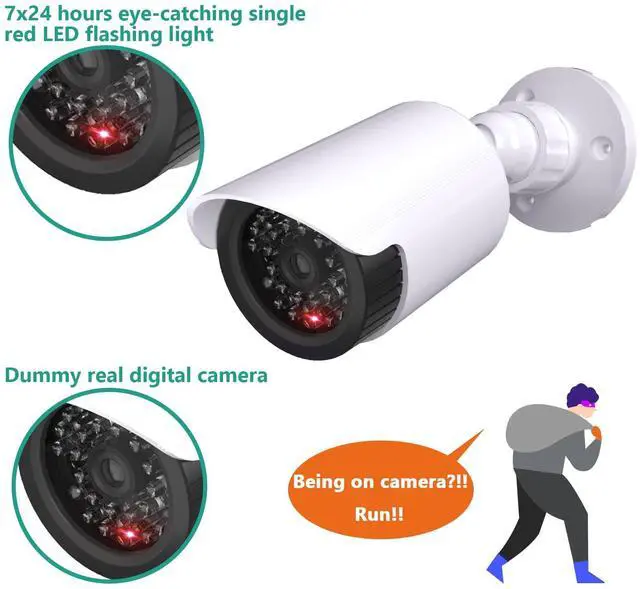 Alt view image 5 of 7 - Dummy Fake Camera, Surveillance Security CCTV Dome Camera, Indoor Outdoor Cameras, with One LED Light, Security Alert Sticker Decals (TC-W2), 2 Pack, White