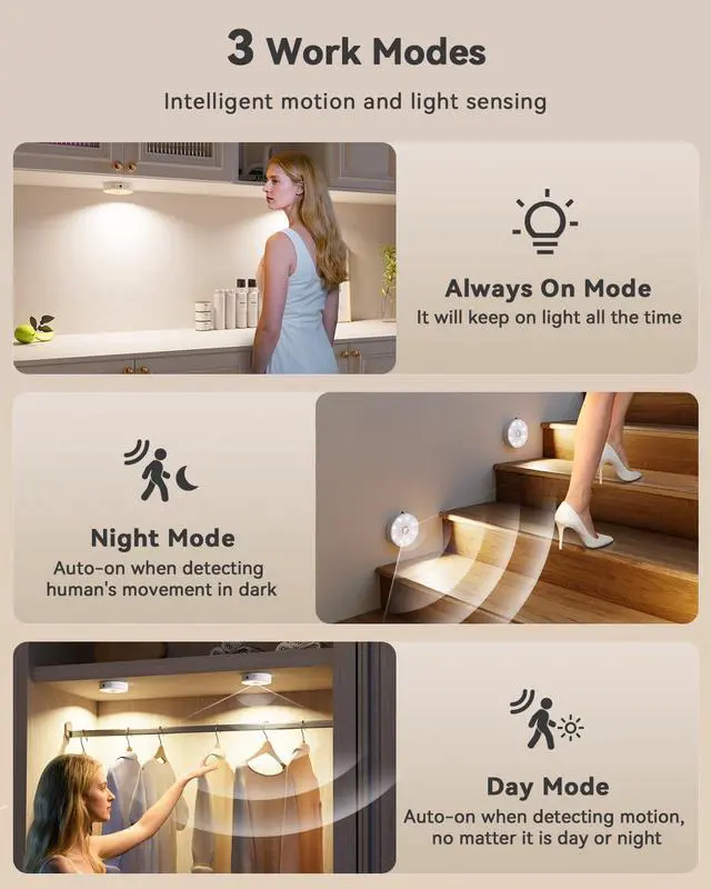 Alt view image 6 of 7 - Puck Lights with Remote, Rechargeable Under Cabinet Lighting, 3 Color Temps, 12 RGB Color LED Motion Sensor Lights Wireless, Dimmable Tap Lights for Closet, Kitchen, Shelf, Stair, 2 Pack