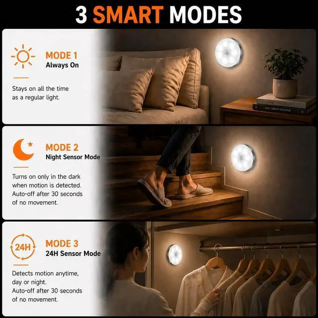 Alt view image 3 of 7 - Motion Sensor Night Light Rechargeable, Magnetic Puck Lights, 3 Modes & Dimmable, Motion Sensor Stair Lights Indoor for Bedroom Bathroom Kitchen Hallway Cruise (White Light)